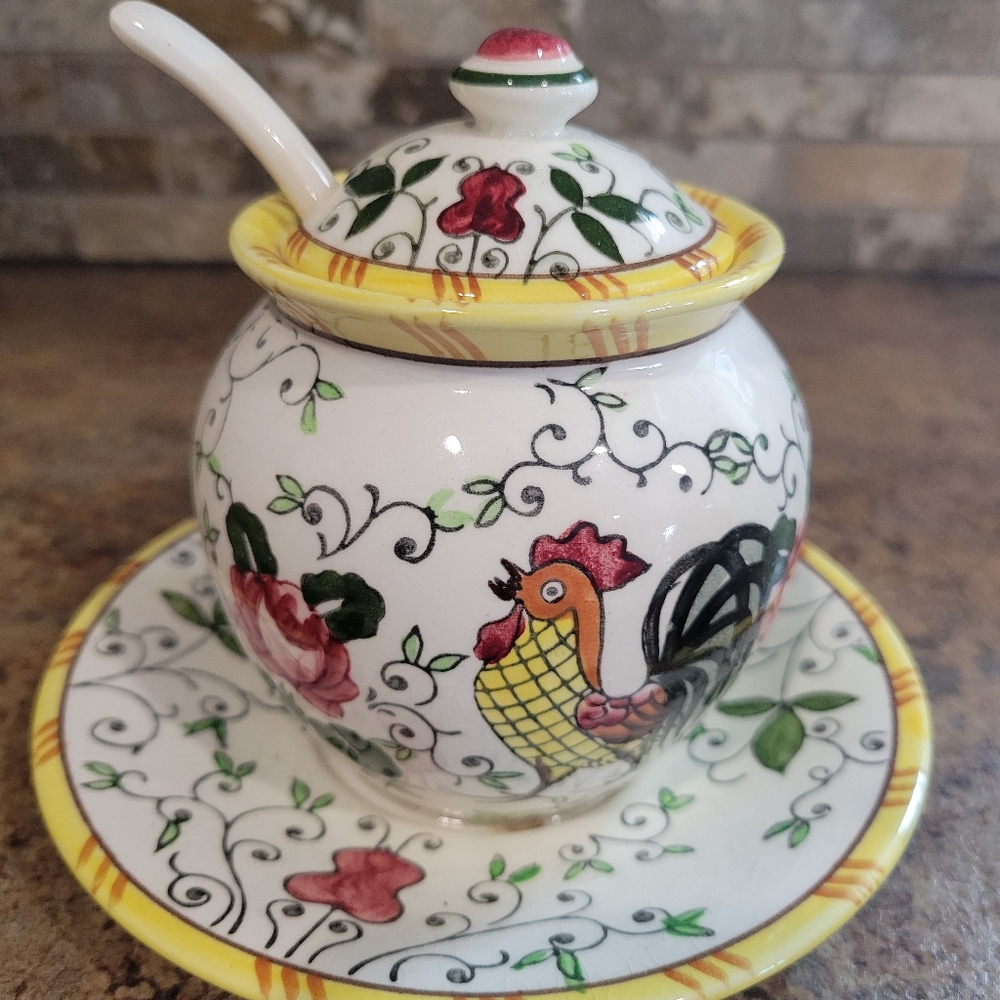 ANTIQUE Early Provincial  Rooster AND Roses Sugar Bowl By Ucagco